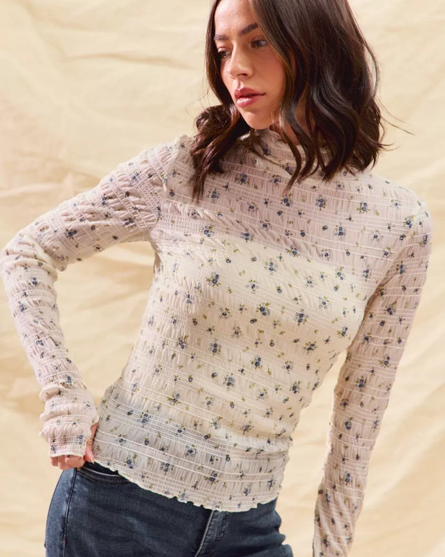 SO ME Floral Print Textured Long Sleeve Knit Top - Sleekdenim.com