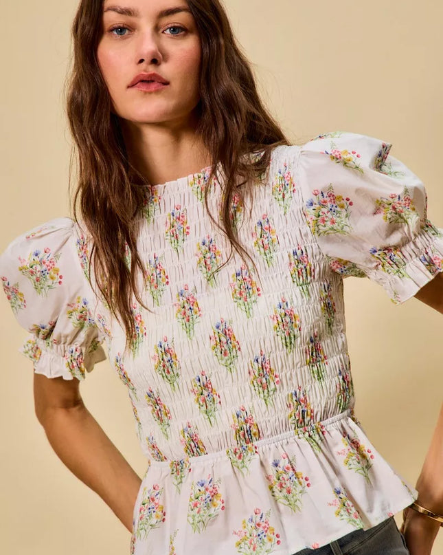 SO ME Floral Cotton Smocked Short Sleeves Blouse - Sleekdenim.com
