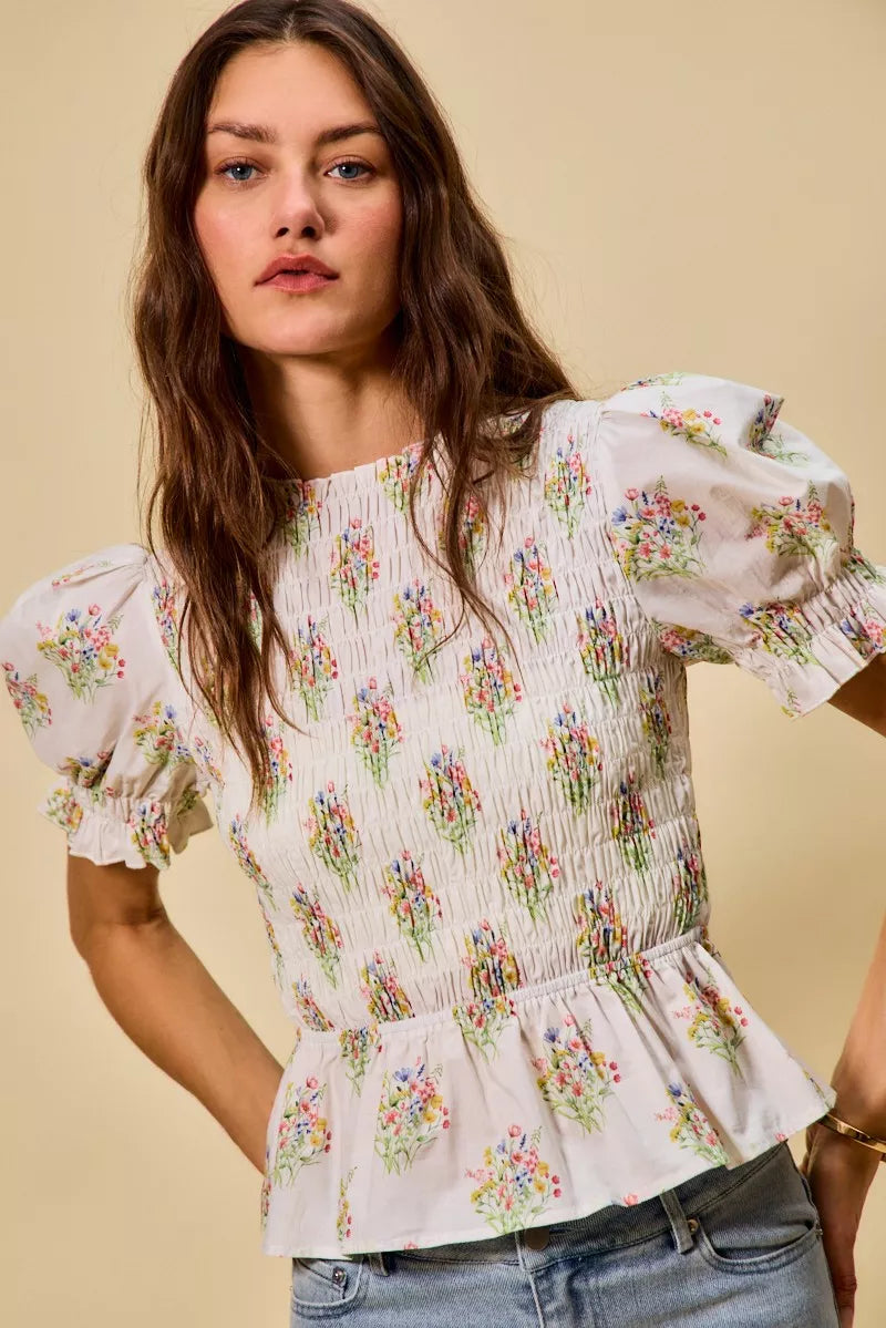 SO ME Floral Cotton Smocked Short Sleeves Blouse - Sleekdenim.com