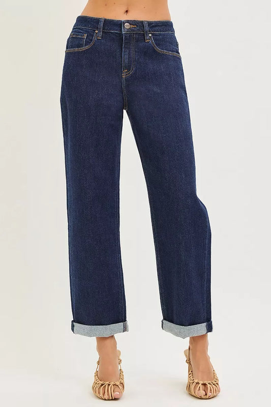 RISEN Slouchy Cropped Mid Rise Boyfriend Jeans With Cuffed Hem in Dark Wash PGC21564