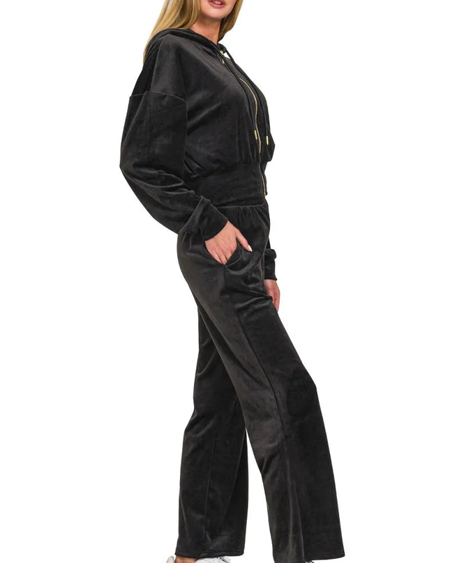 Zenana Velvet Zip Up Hoodie and Pants Set - Sleekdenim.com