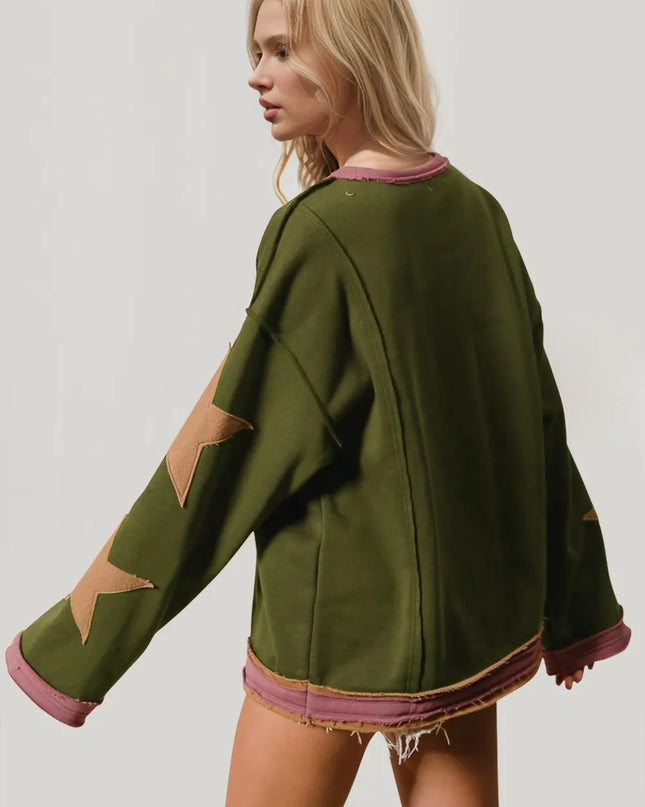 Double Take Star Patched Long Sleeve Sweatshirt - Sleekdenim.com