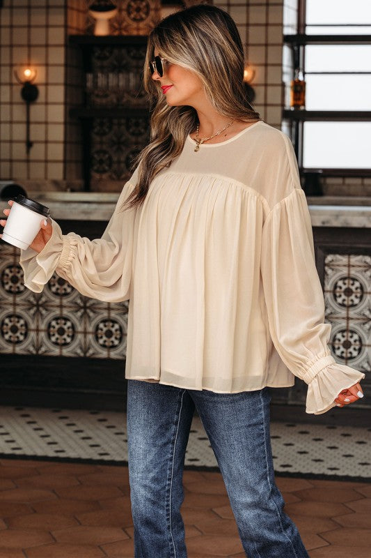 Solid Chiffon Pleated Ruffle Long Sleeve Blouse - Sleekdenim.com
