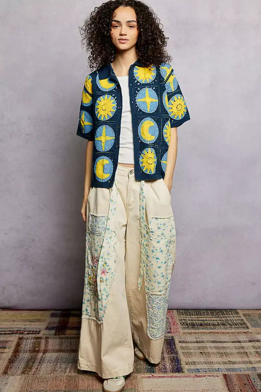 POL Openwork Short Sleeve Crochet Shirt