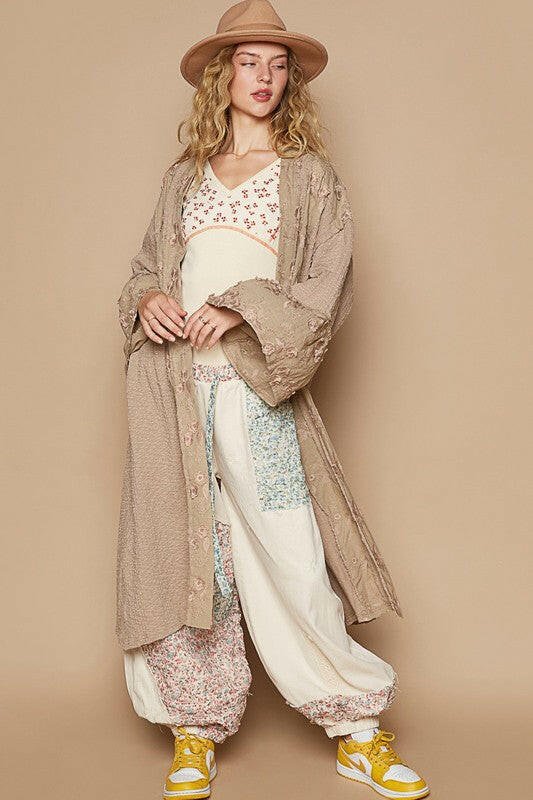 POL Flower Lace Trim Open Front Longline Cardigan Khaki