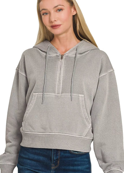 Zenana Fleece Pigment Dye Half Zip Kangaroo Pocket Hoodie - Sleekdenim.com