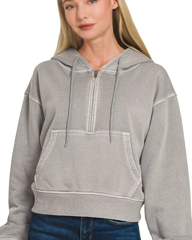 Zenana Fleece Pigment Dye Half Zip Kangaroo Pocket Hoodie - Sleekdenim.com
