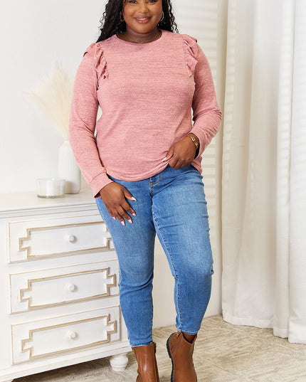 Double Take Ruffle Shoulder Long Sleeve T-Shirt - Sleekdenim.com