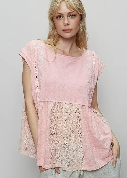 POL Embroidered Detail Boat Neck Cap Sleeve Lace Blouse - Sleekdenim.com