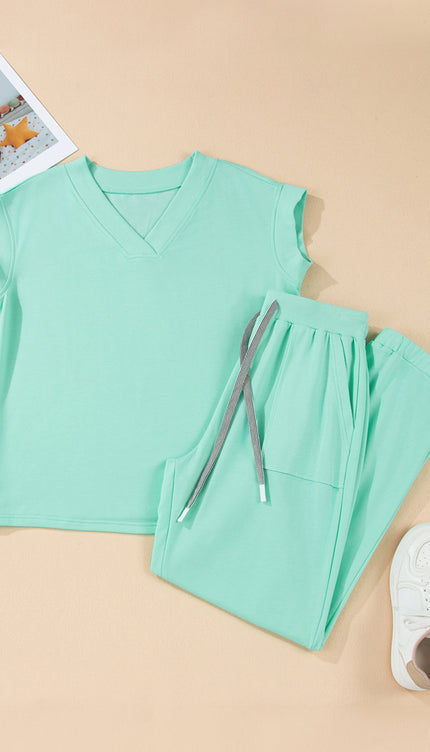 Bonbon Solid Color V Neck Tee Drawstring Pant Set - Sleekdenim.com