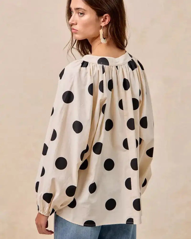 BiBi Polka Dot Exaggerated Balloon Sleeves Blouse - Sleekdenim.com