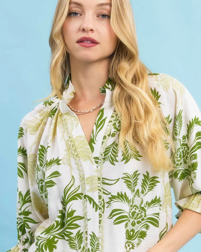 Umgee Leafy Damask Print Blouse with Contrast Scalloped Trim Detail - Sleekdenim.com