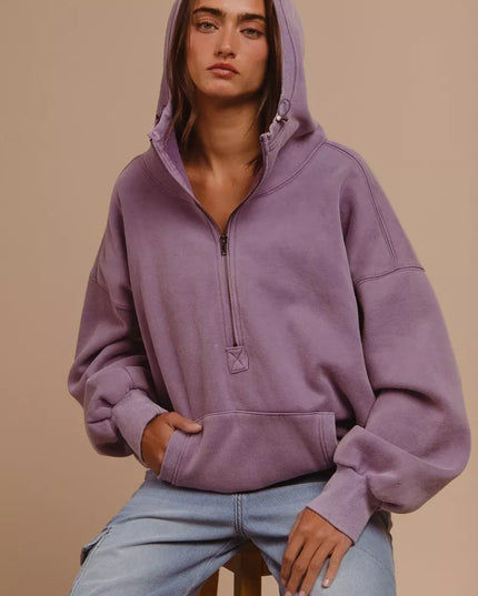 BiBi Stitch Detailed Elastic Hem Half Zip Fleece Hoodie - Sleekdenim.com