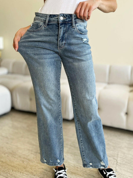 Judy Blue Full Size Mid Rise Distressed Straight Jeans | Sleekdenim.com