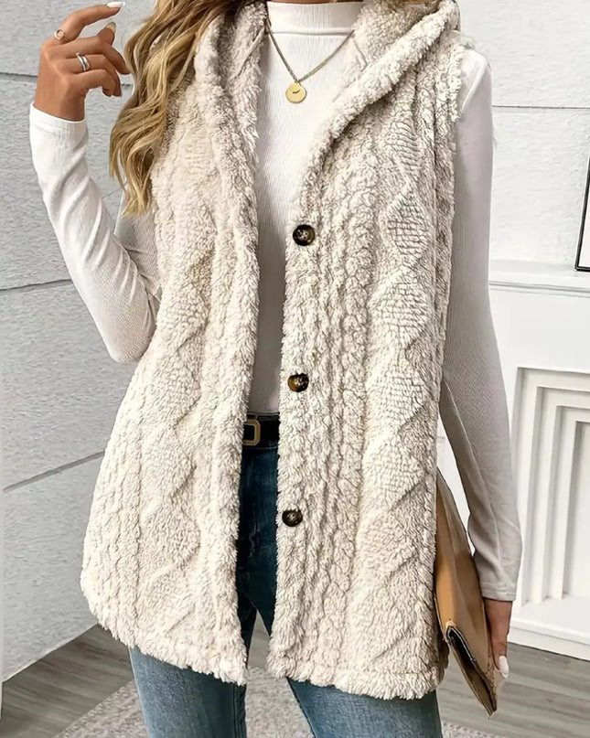 Hooded Button-Up Sherpa Vest Coat - Sleekdenim.com