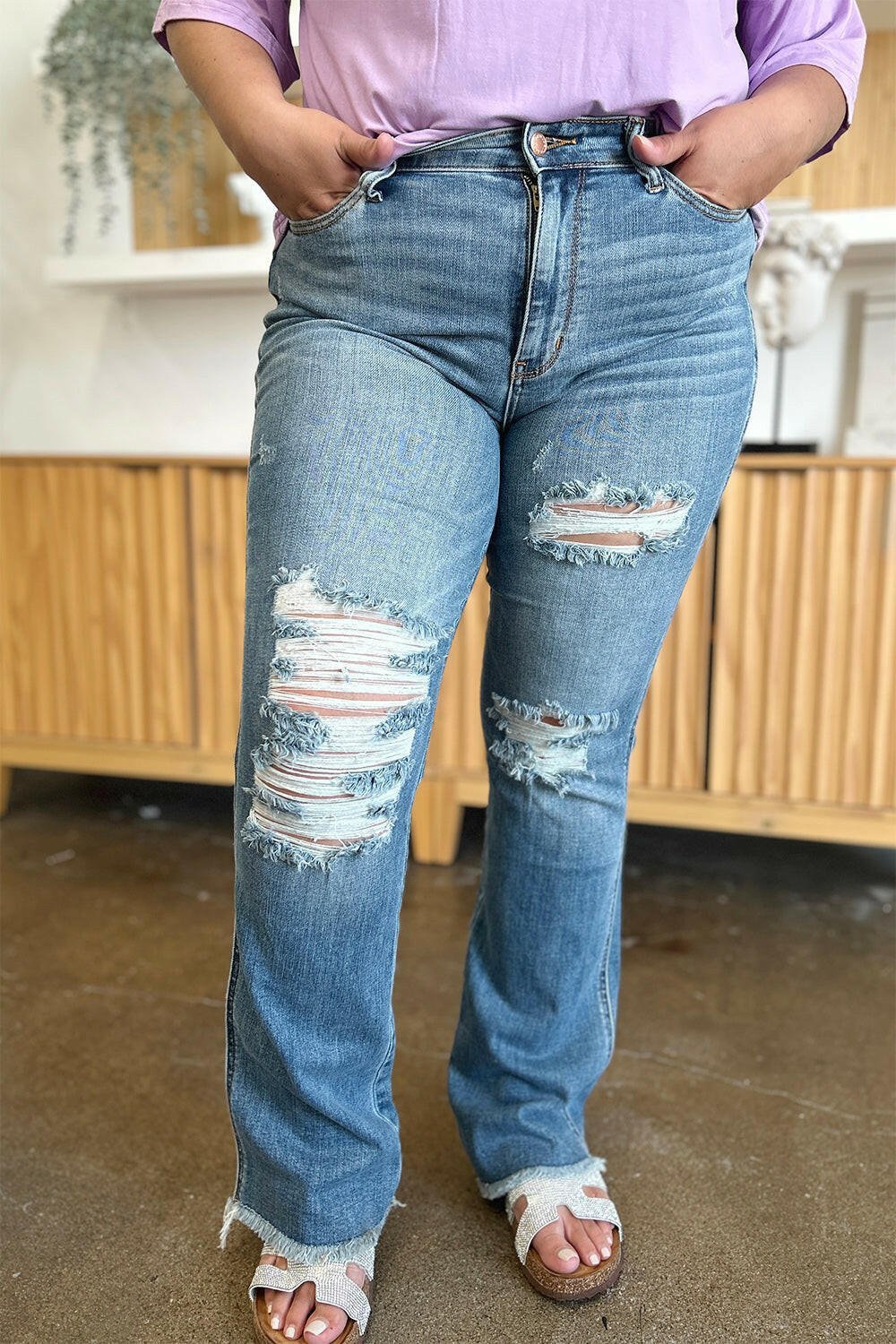 Judy Blue Full Size Distressed Raw Hem Bootcut Jeans | Sleekdenim.com