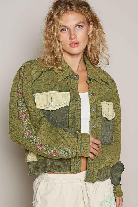 POL Embroidered Sleeve Raw Edge Quilted Jacket | Sleekdenim.com