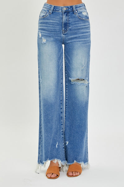 RISEN Full Size High Rise Frayed Hem Wide Leg Jeans | Sleekdenim.com