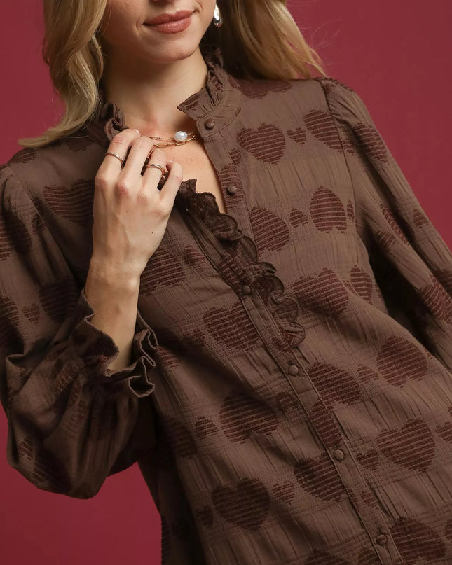 Umgee Heart Jacquard Ruffle Trim Shirt - Sleekdenim.com