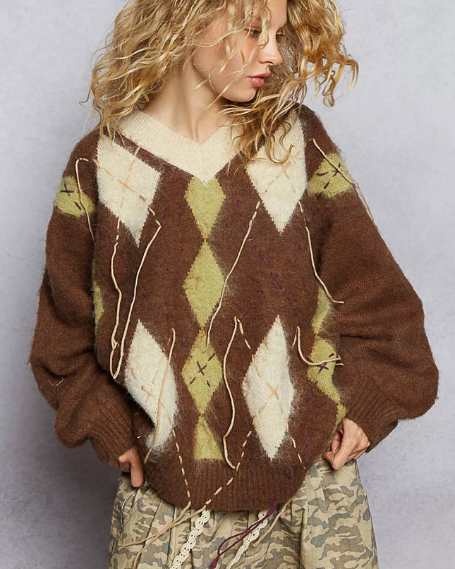 POL V-Neck Argyle Pattern Mohair Sweater with Contrast Exposed Stitch Detail - Sleekdenim.com