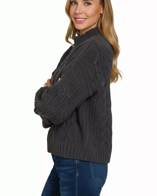 Zenana Cable-Knit Ribbed Turtleneck Sweater - Sleekdenim.com