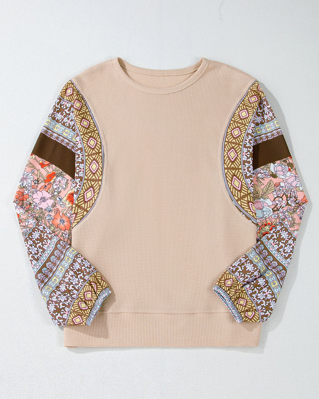 Parchment Floral Patchwork Puff Sleeve Waffle Knit Top - Sleekdenim.com