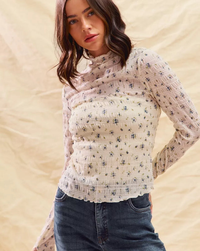 SO ME Floral Print Textured Long Sleeve Knit Top - Sleekdenim.com