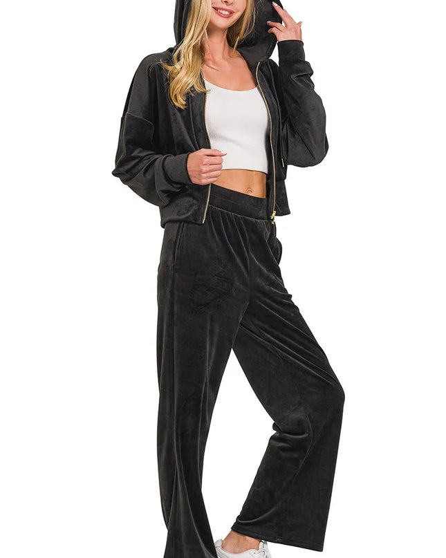 Zenana Velvet Zip Up Hoodie and Pants Set - Sleekdenim.com