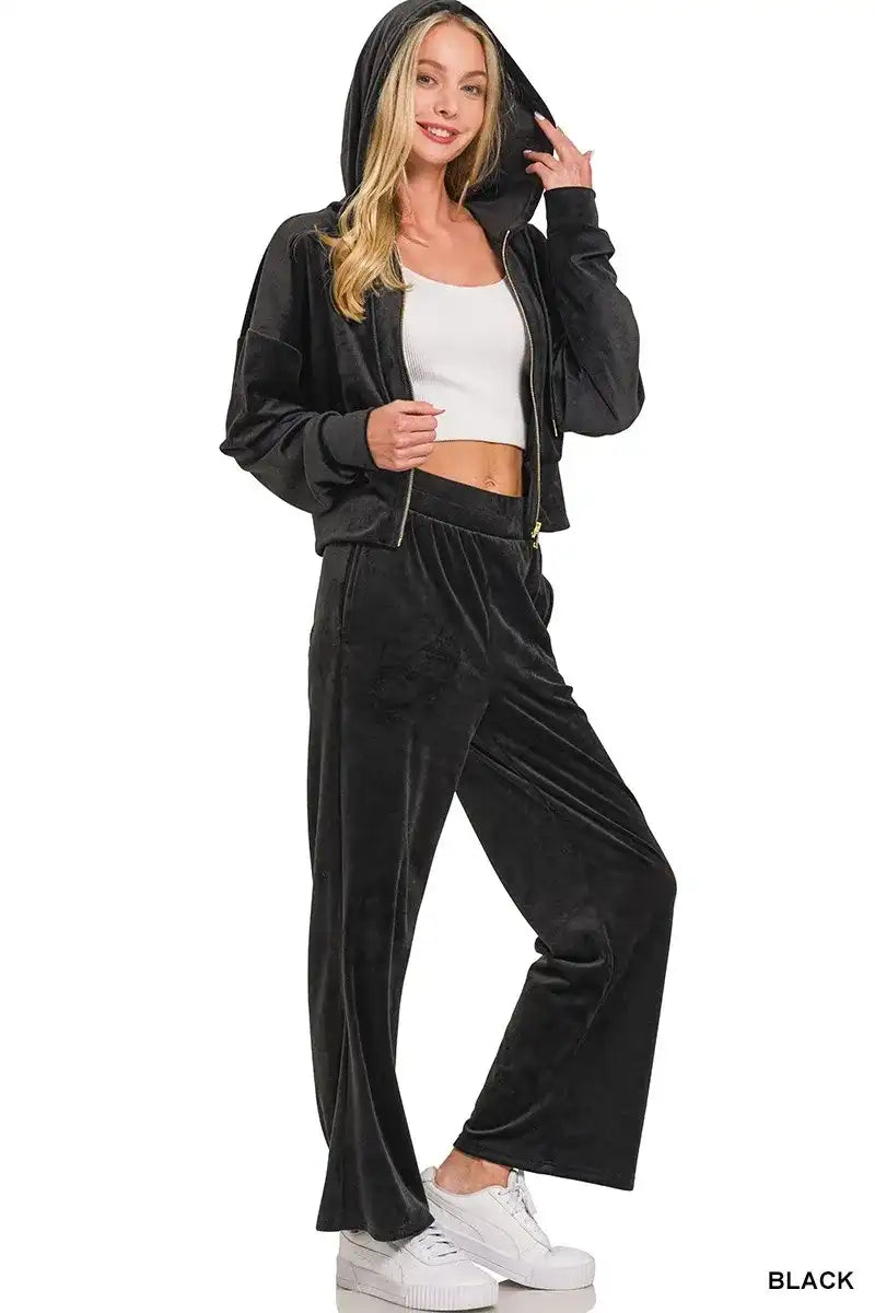 Zenana Velvet Zip Up Hoodie and Pants Set - Sleekdenim.com