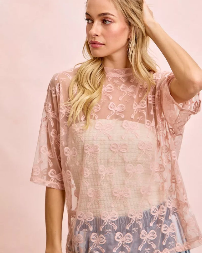 BiBi Bow Pattern Short Sleeves Boxy Mesh Top - Sleekdenim.com