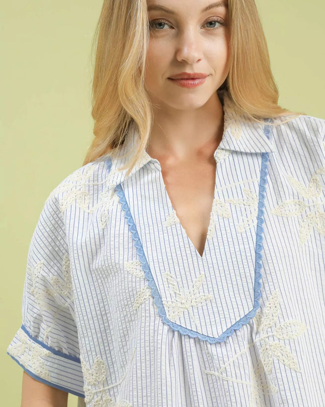 Umgee Striped Embroidered Blouse with Scallop Trim - Sleekdenim.com