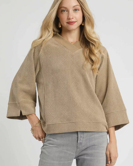 Umgee Textured Knit V-Neck Top - Sleekdenim.com