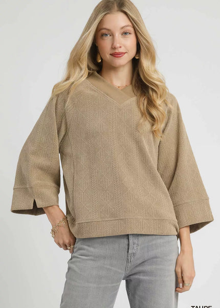 Umgee Textured Knit V-Neck Top - Sleekdenim.com