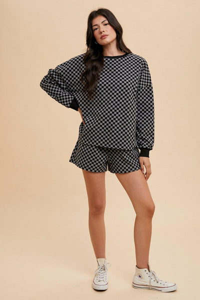 Annie Wear Checkered Round Neck Top and Drawstring Shorts Set Black