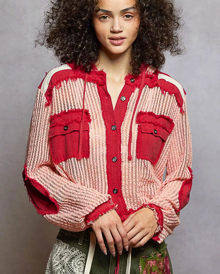 POL Texture Woven Button Down Hooded Shirt with Drawstring Hem - Sleekdenim.com