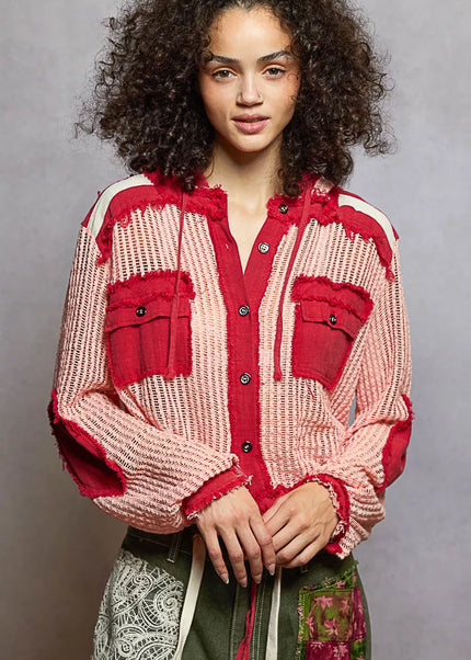 POL Texture Woven Button Down Hooded Shirt with Drawstring Hem - Sleekdenim.com