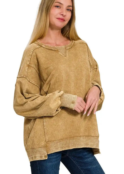 Zenana French Terry Acid Wash Pullover - Sleekdenim.com