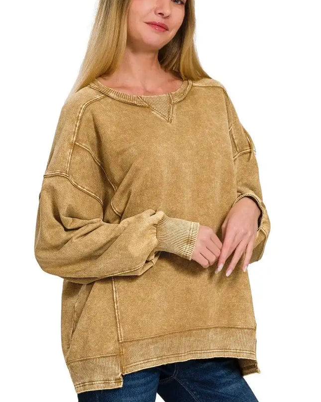 Zenana French Terry Acid Wash Pullover - Sleekdenim.com