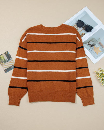 Stripe Ribbed Trim Drop Shoulder Sweater - Sleekdenim.com