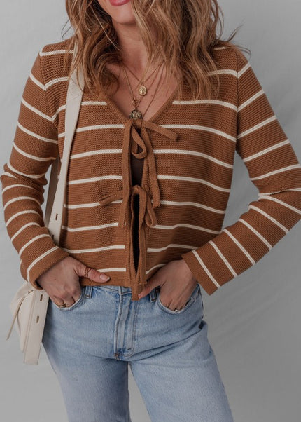 Stripe Tie-Front V-Neck Cardigan Sweater - Sleekdenim.com