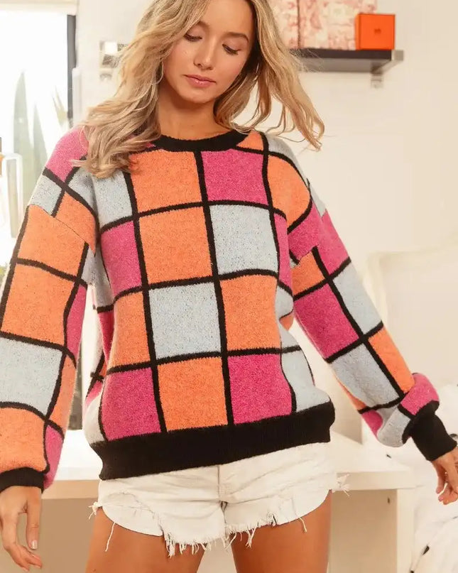 BiBi Multi Color Checker Pattern Sweater - Sleekdenim.com