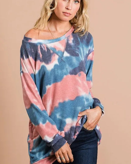 BiBi Tie Dye French Terry Pull Over with Front Stitching Detail - Sleekdenim.com