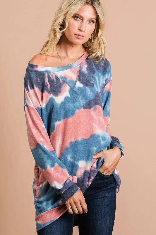 BiBi Tie Dye French Terry Pull Over with Front Stitching Detail - Sleekdenim.com