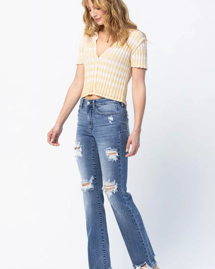 Judy Blue Full Size Mid Rise Destroy Straight Jeans Plus Size - Sleekdenim.com