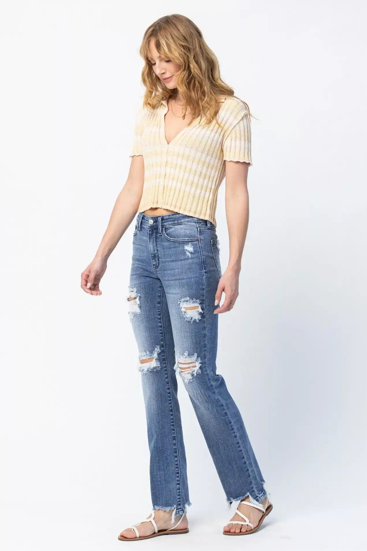 Judy Blue Mid Rise Destroy Straight Jeans 82425 - Sleekdenim.com