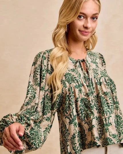 BiBi Printed Woven Front Tied Blouse with Baloon Sleeve - Sleekdenim.com