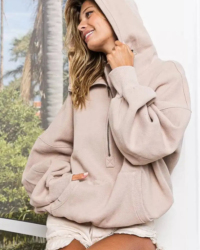 BiBi Stitch Detailed Elastic Hem Half Zip Fleece Hoodie - Sleekdenim.com