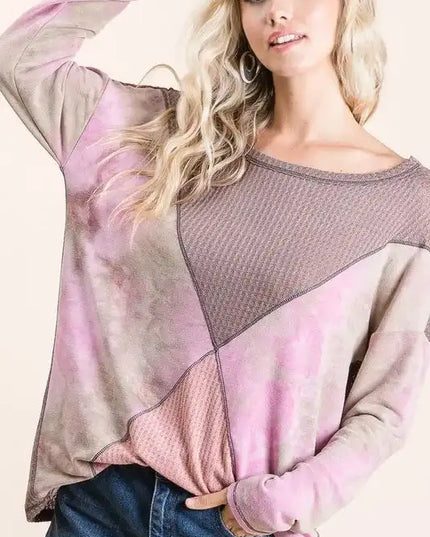 BiBi Thermal Waffle Color Block Top with Tie Dye - Sleekdenim.com