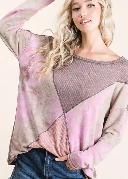 BiBi Thermal Waffle Color Block Top with Tie Dye - Sleekdenim.com