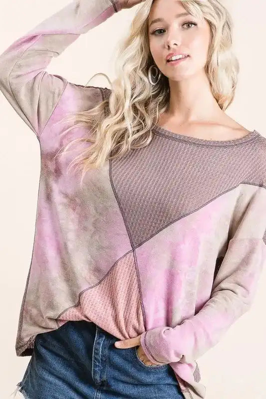 BiBi Thermal Waffle Color Block Top with Tie Dye - Sleekdenim.com